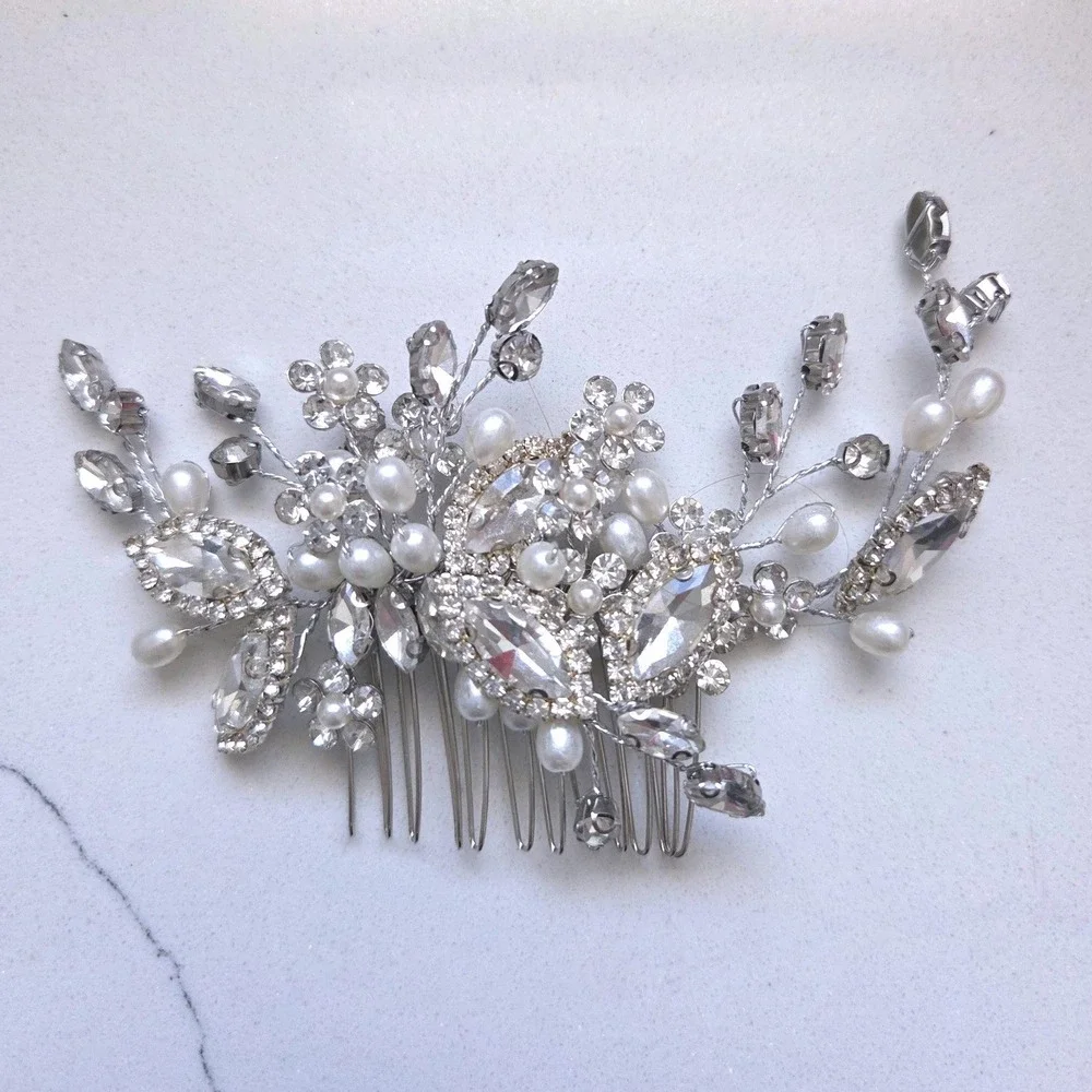 Silver Tone Faux Pearl and Crystal Bridal Hair Comb Floral Wedding Headpiece